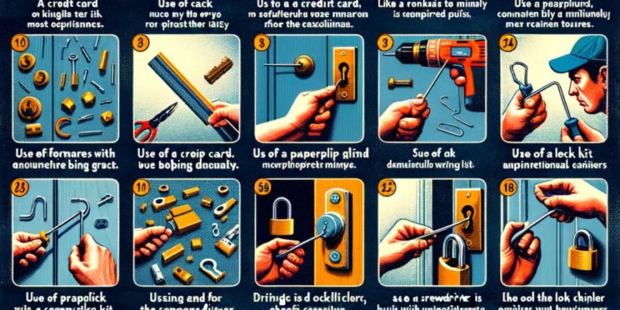Imagen de una persona tratando de abrir una puerta sin llave usando diversas herramientas.