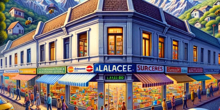 Una imagen de un almacén de barrio en Chile con productos locales y clientes comprando.